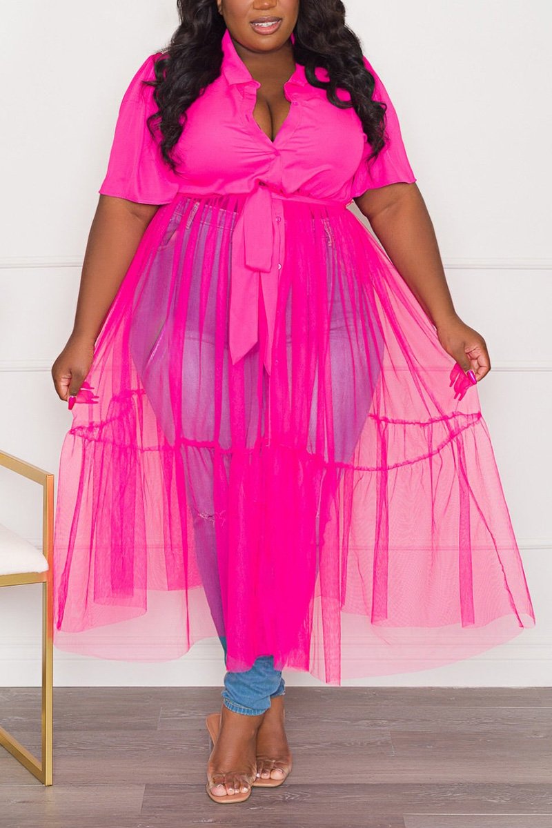 Xpluswear Plus Size Casual Barbie Pink Solid Shirt Stitching Mesh Tulle See-through Maxi Dresses